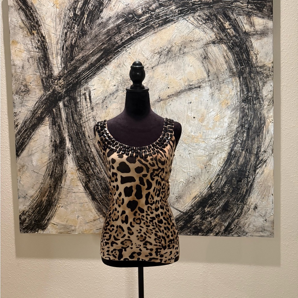 Cache Leopard Print Sleeveless Sweater